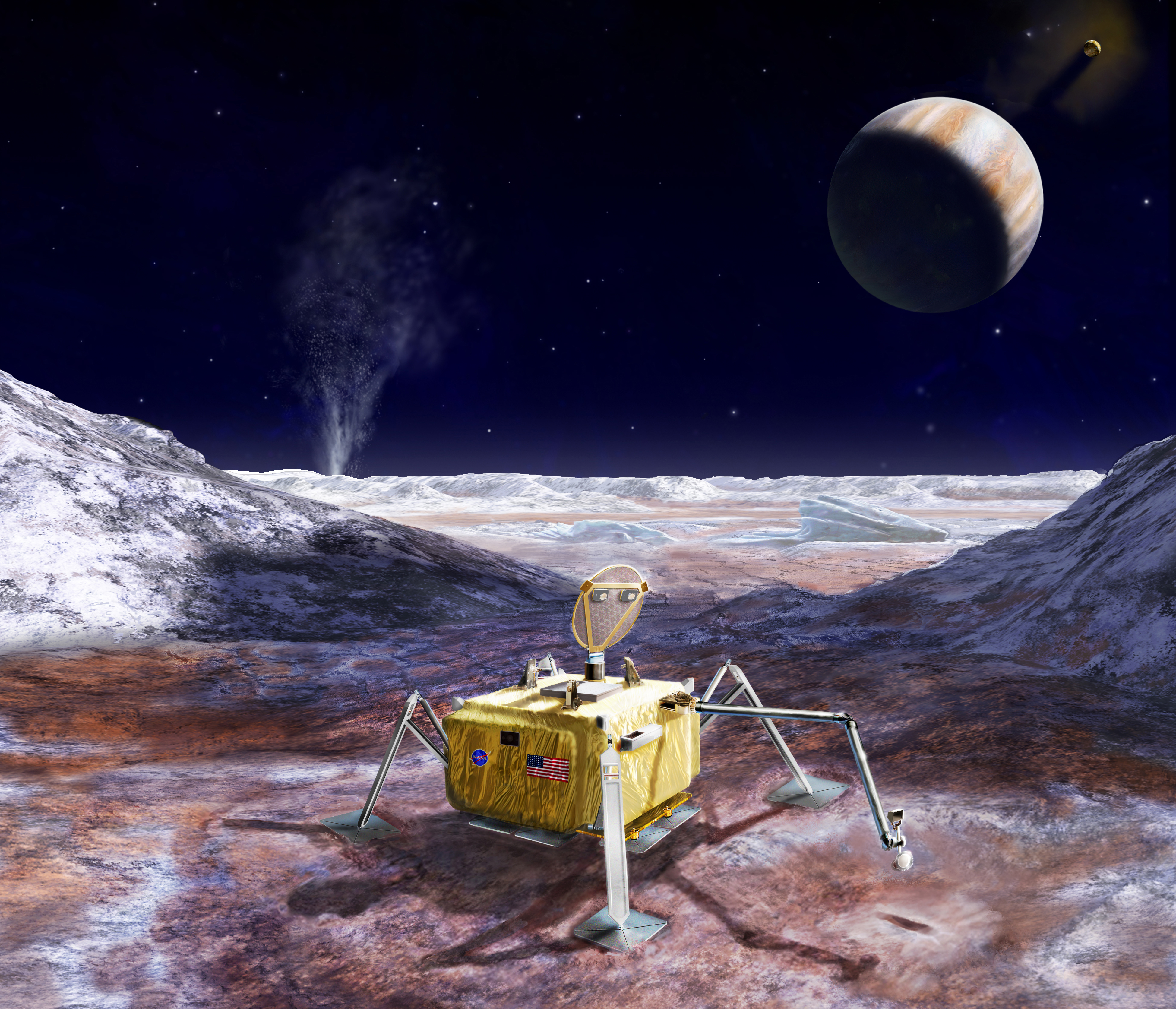  This artist rendering illustrates a conceptual design for a potential future mission that would land a robotic probe on the surface of Jupiter's icy moon Europa. A Europa lander would need to withstand radiation, frigid temperatures, ice and potentially mist from possible plumes jetting from the moon's surface. Image credit: NASA/JPL-Caltech